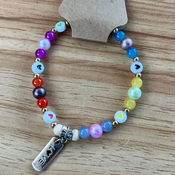 Multicolored Glass Beaded Stretchy Bracelet with Silver Accents and Love Charm - Picture 2 of 2
